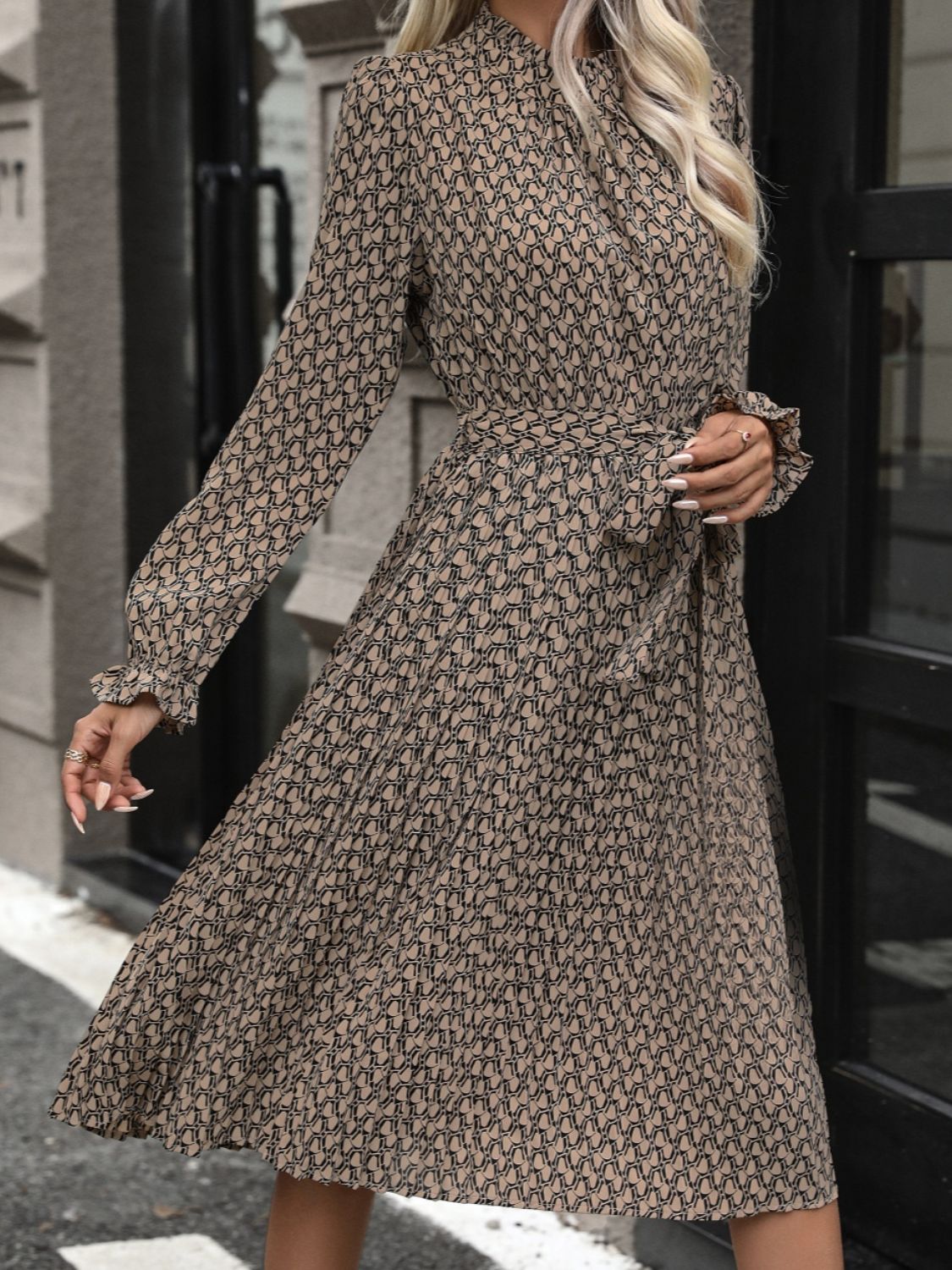 Perfee Printed Flounce Sleeve Dress