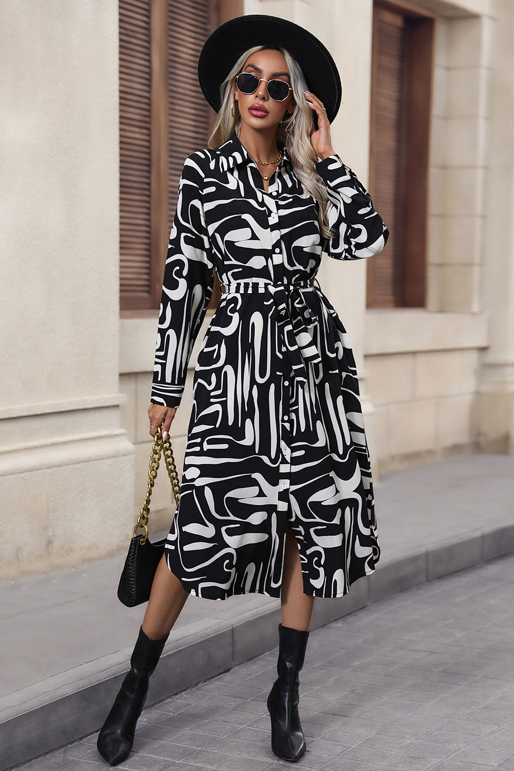 Printed Tie Front Slit Shirt Dress