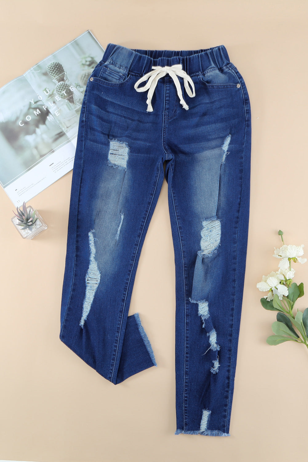 Drawstring Distressed Jeans w/ Pockets