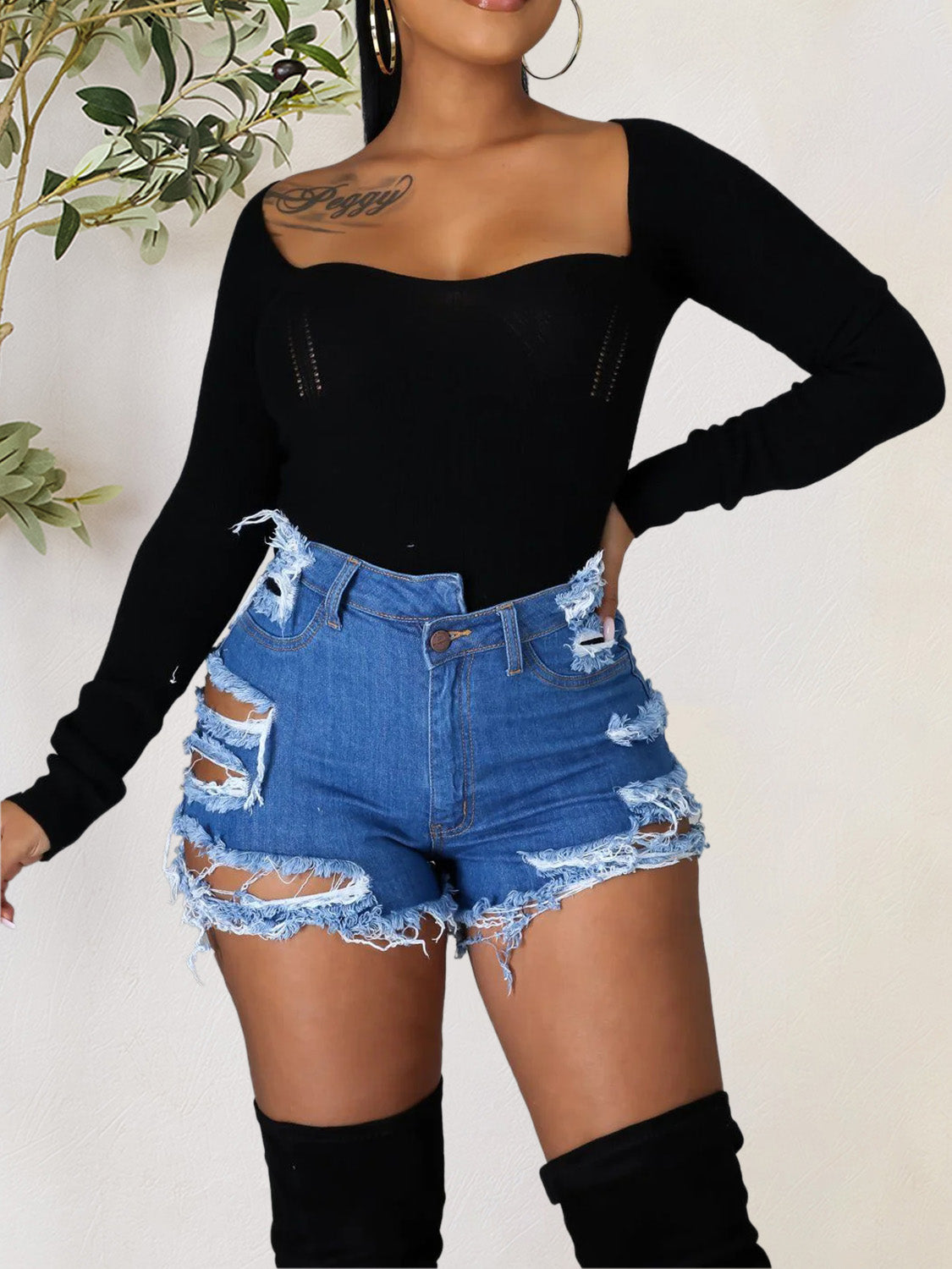 Distressed Denim Shorts w/ Pockets