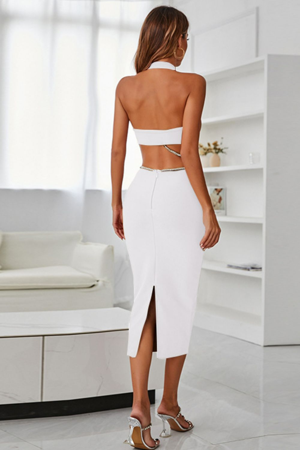 Rhinestone Halter Slit Midi Dress