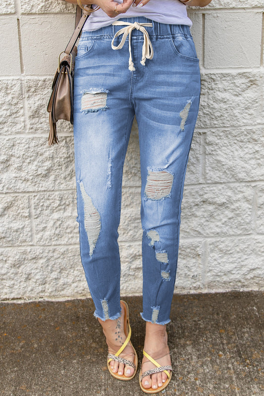 Drawstring Distressed Jeans w/ Pockets