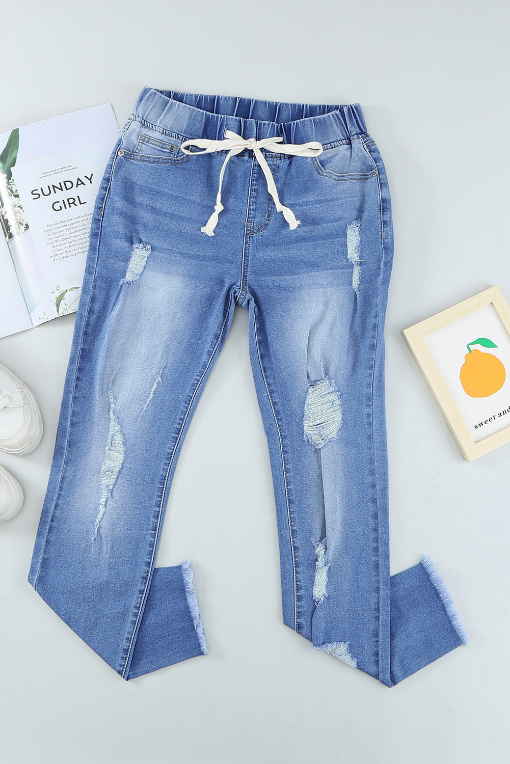Drawstring Distressed Jeans w/ Pockets