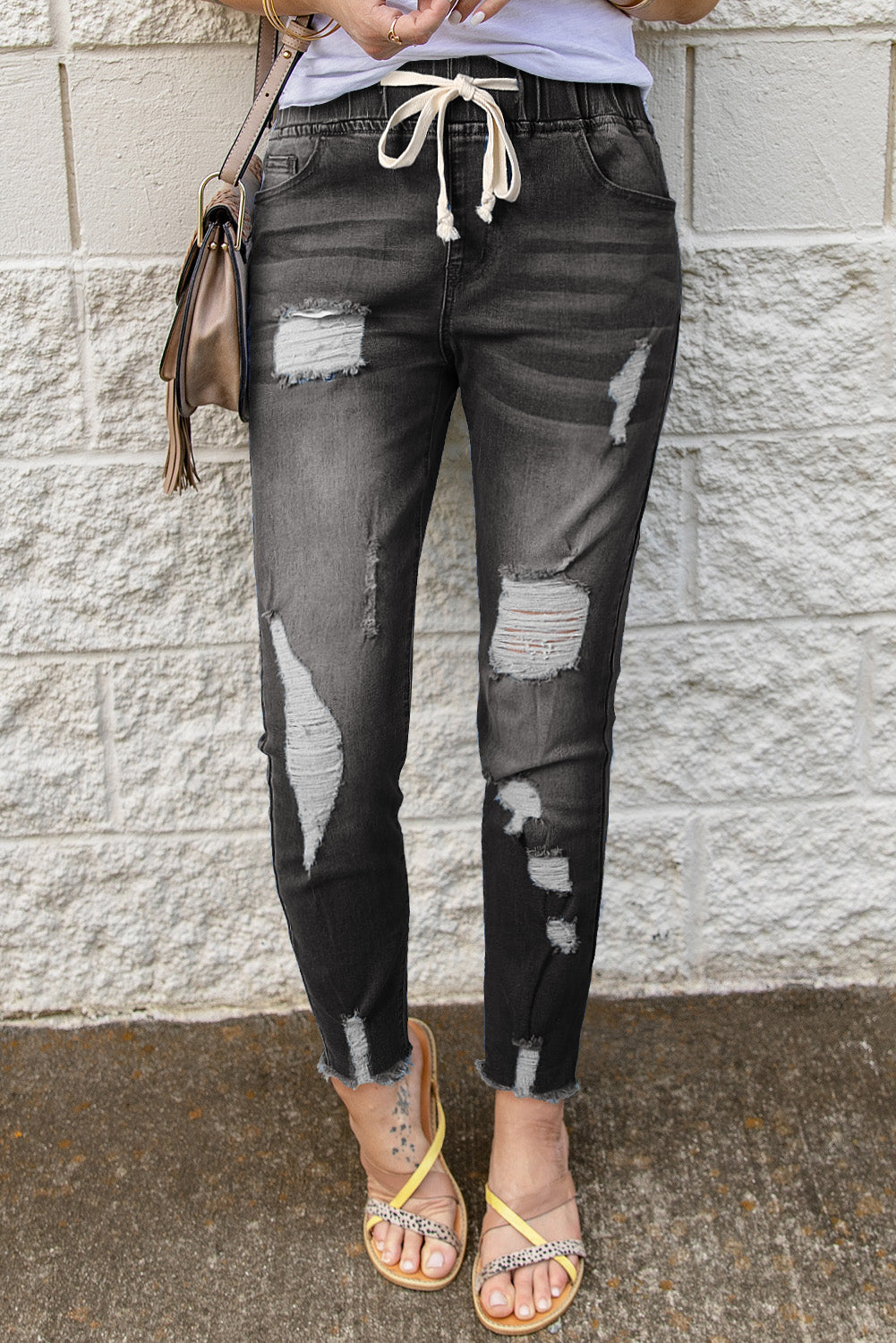 Drawstring Distressed Jeans w/ Pockets