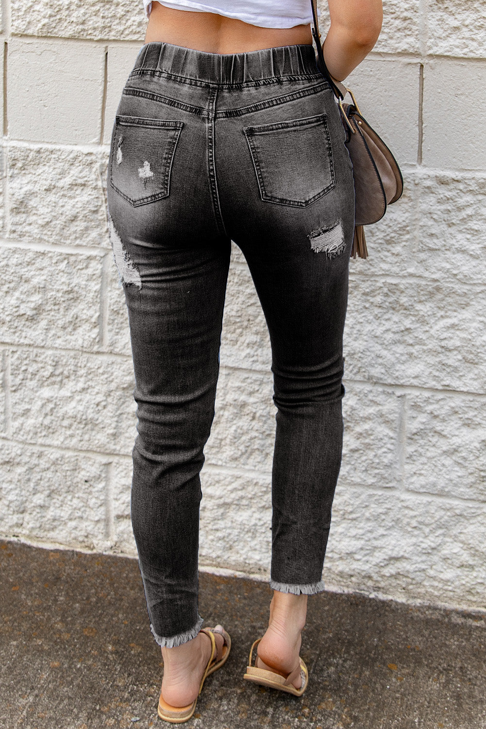 Drawstring Distressed Jeans w/ Pockets