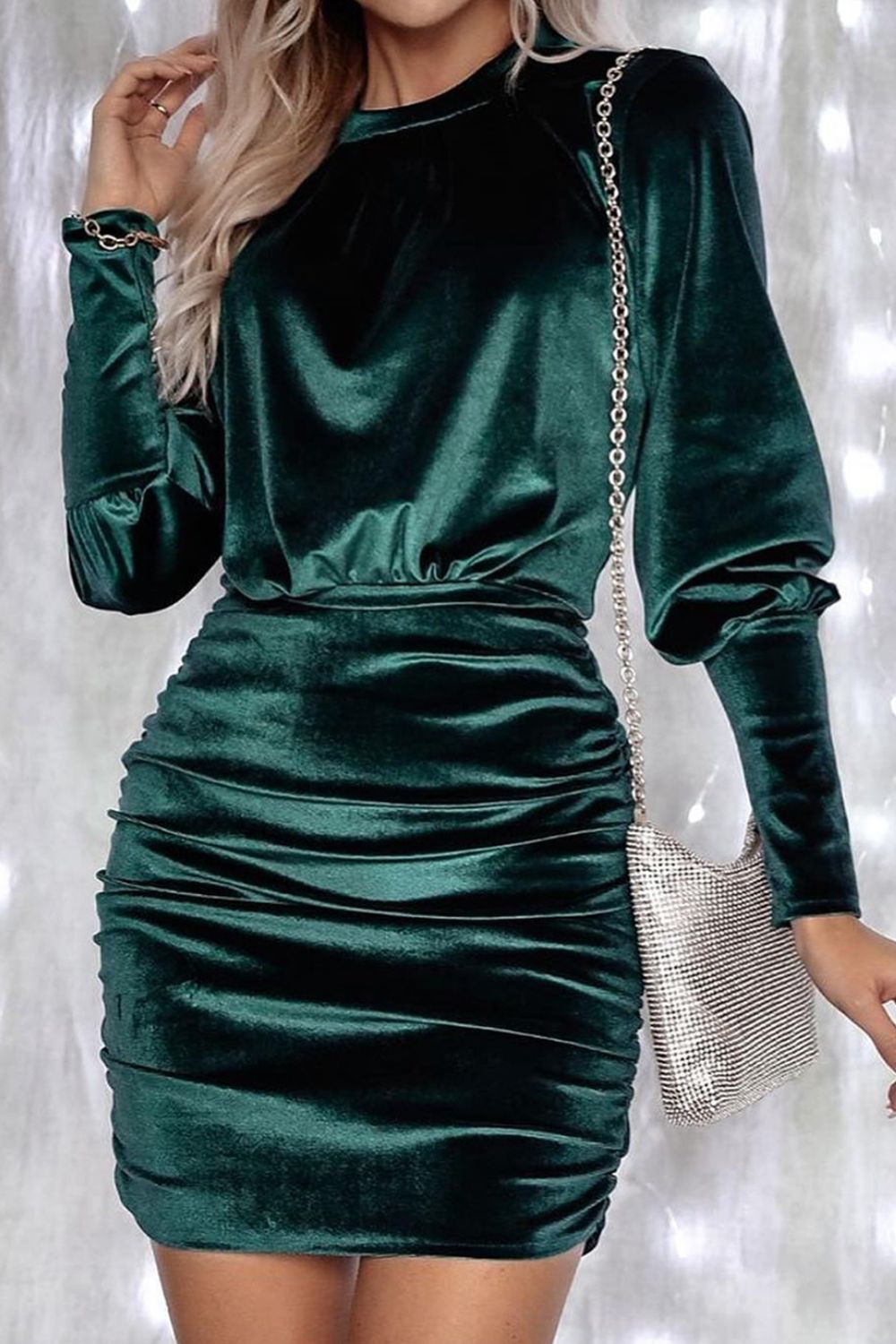 Ruched Lantern Sleeve Mini Dress