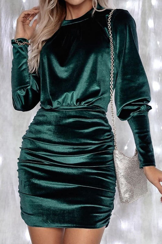 Ruched Lantern Sleeve Mini Dress