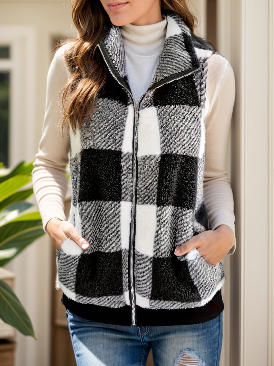 Plaid Zip Up Vest Coat