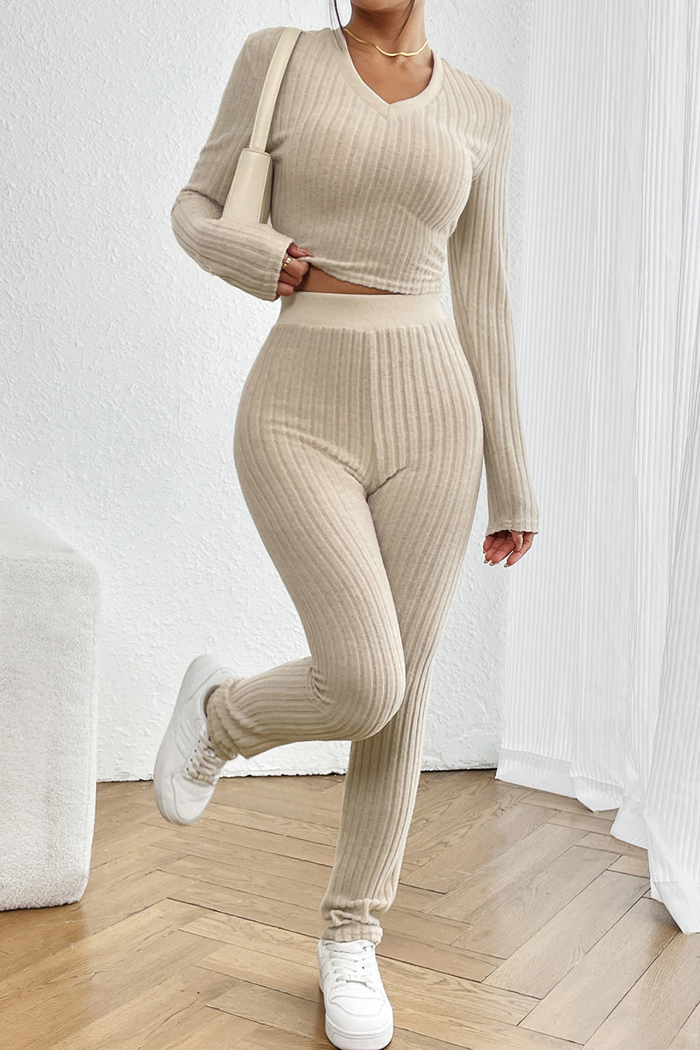 Ribbed Long Sleeve Cropped Top & Pants Set
