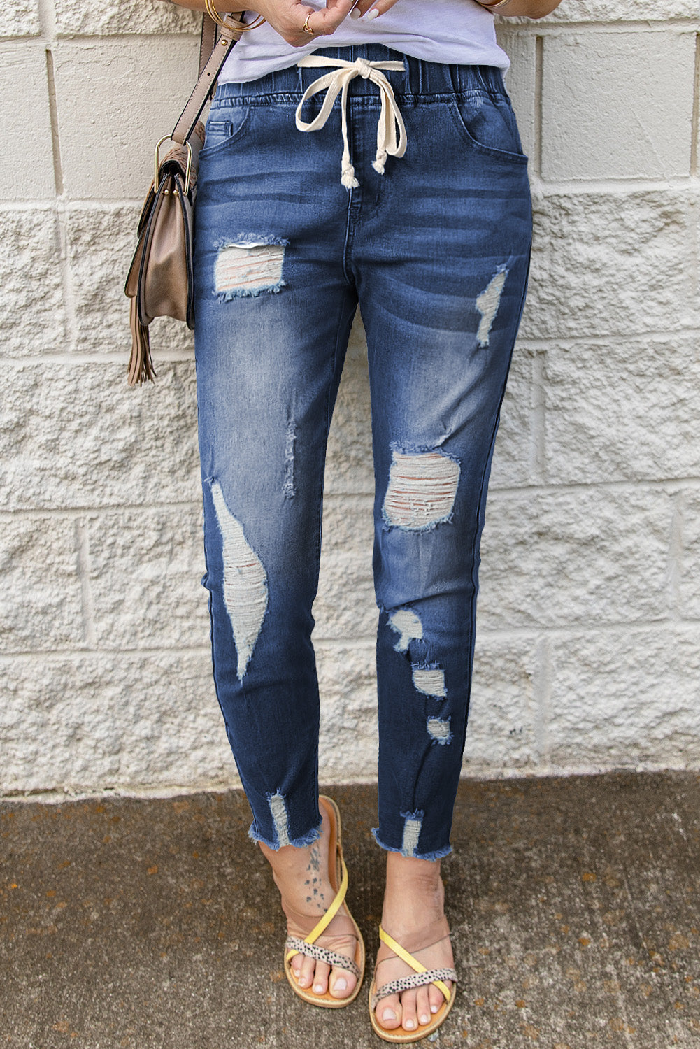 Drawstring Distressed Jeans w/ Pockets
