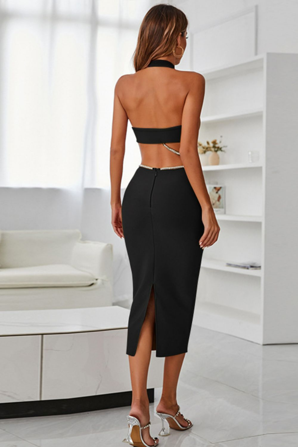 Rhinestone Halter Slit Midi Dress