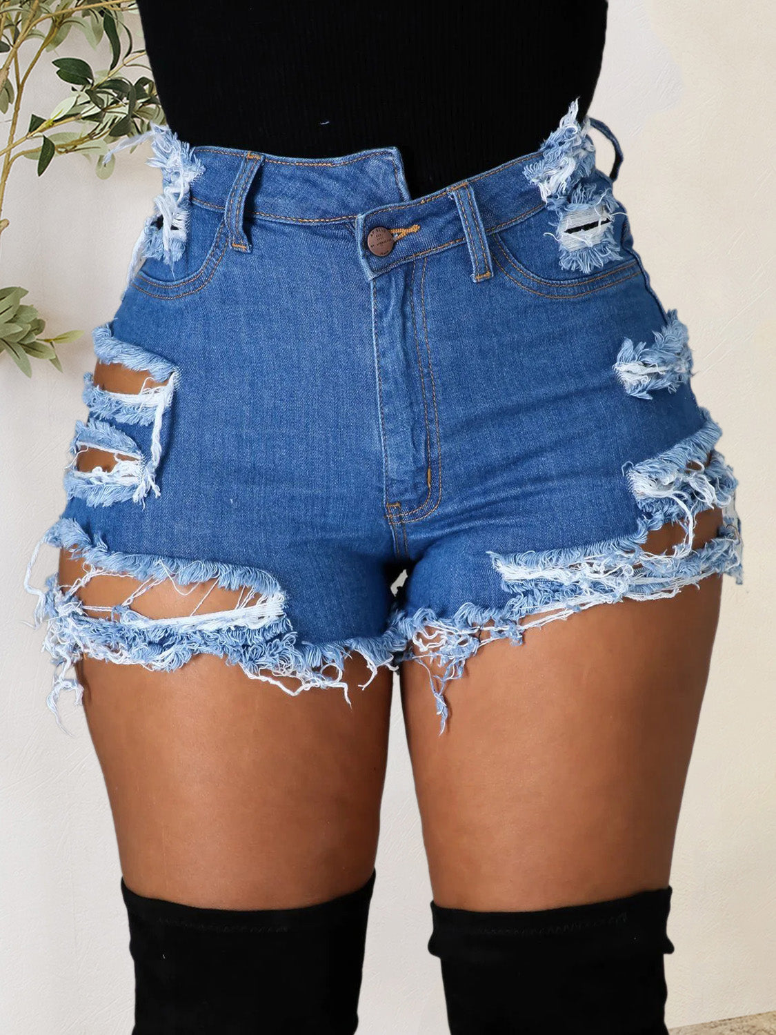 Distressed Denim Shorts w/ Pockets