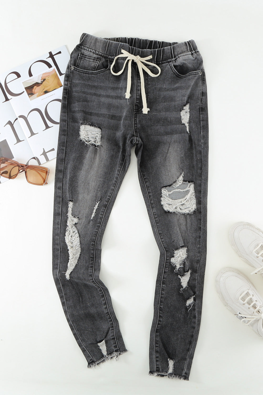 Drawstring Distressed Jeans w/ Pockets