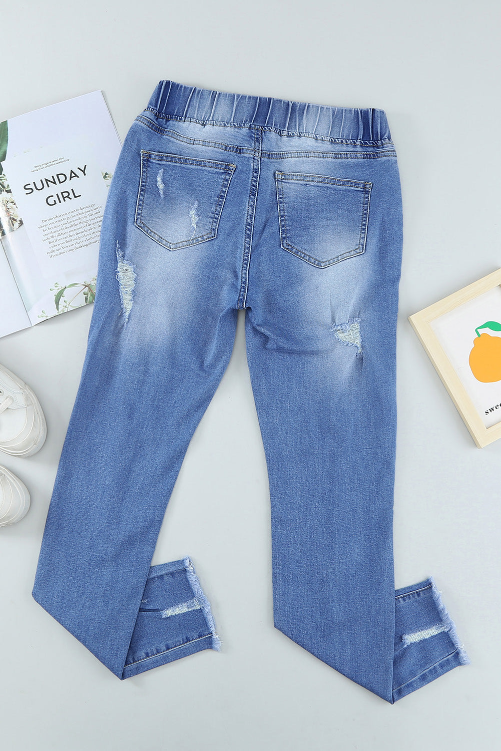 Drawstring Distressed Jeans w/ Pockets