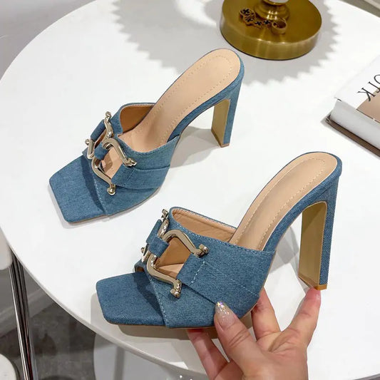 Metal Chain Square Heels