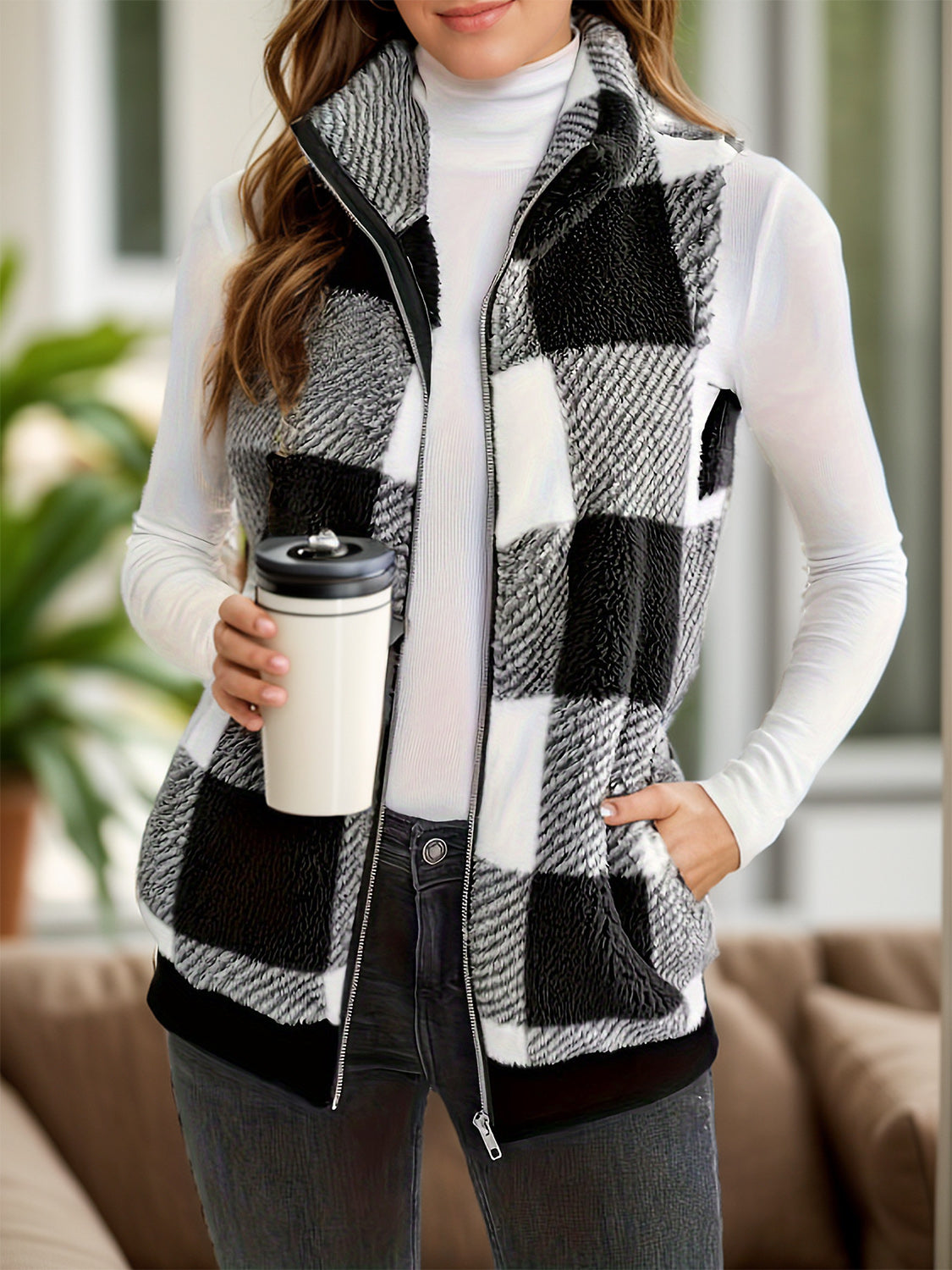 Plaid Zip Up Vest Coat