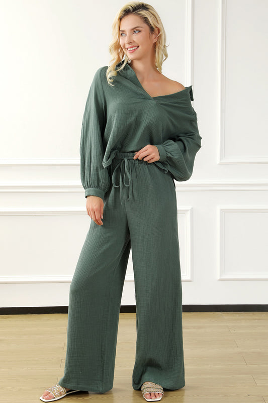 Collared Top & Drawstring Pants Set