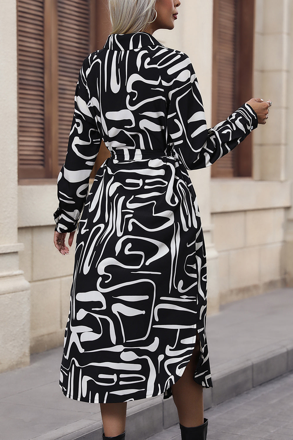Printed Tie Front Slit Shirt Dress