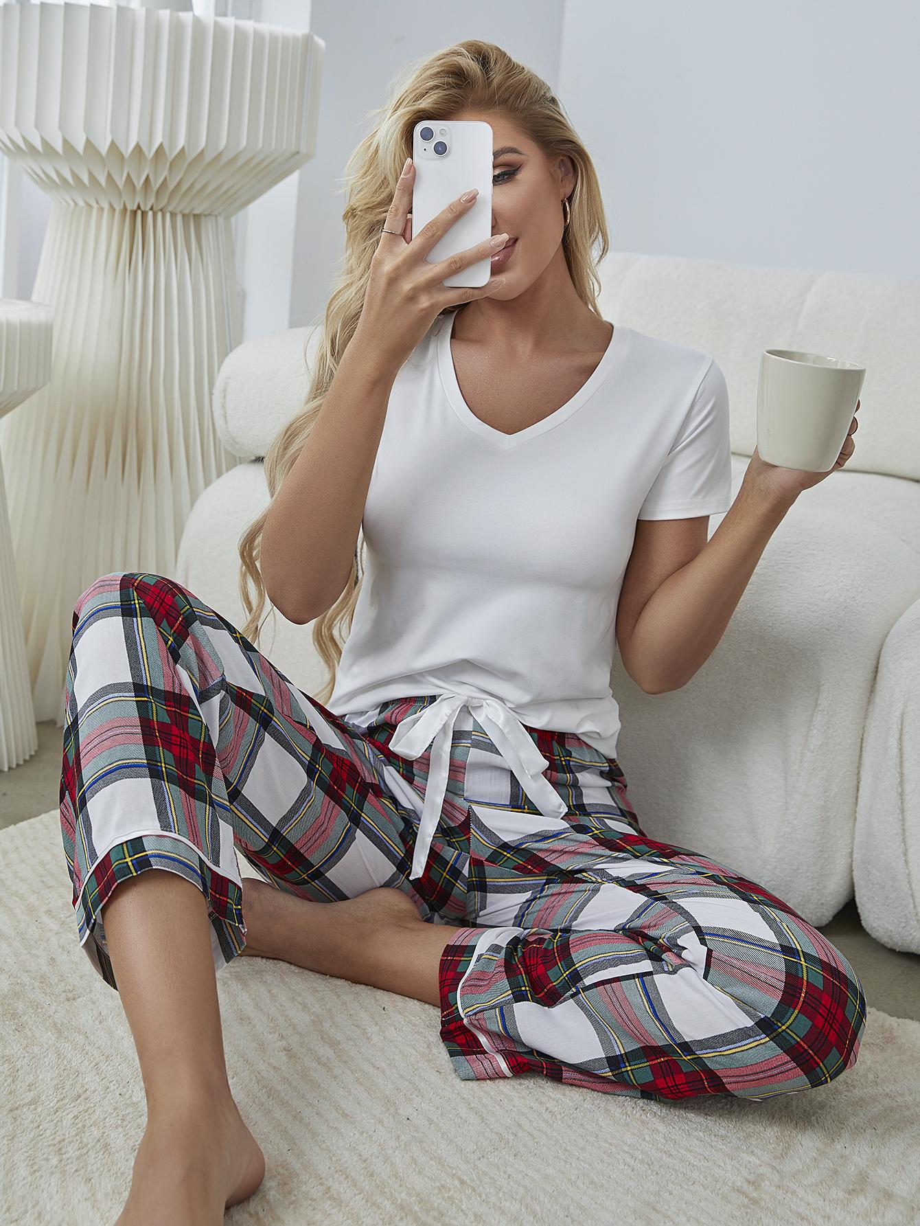 Tee & Plaid Pants Lounge Set