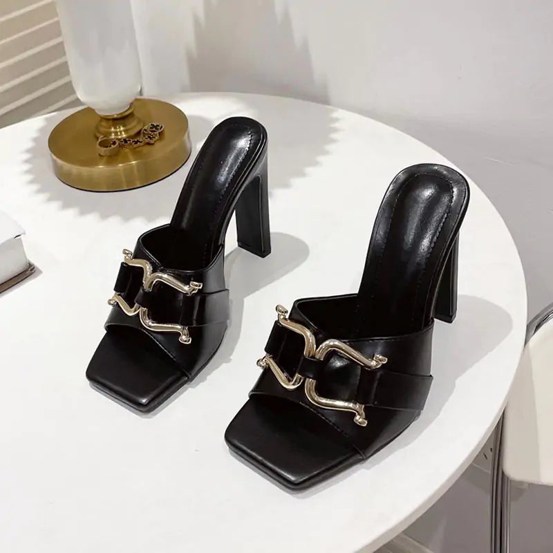 Metal Chain Square Heels